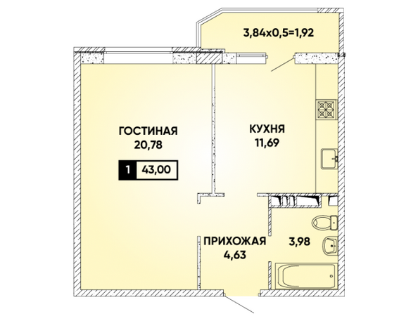 Планировка 1-комн 43 м²