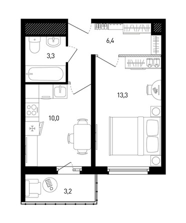 Планировка 1-комн 34 м²