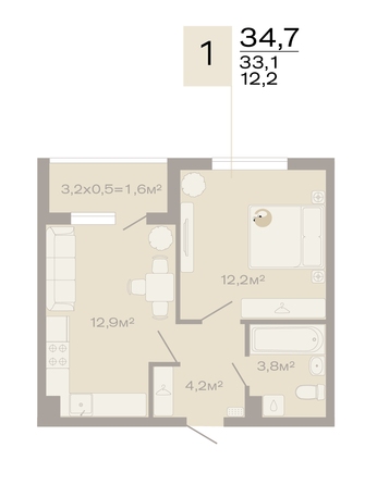 Планировка 1-комн 34,7 м²