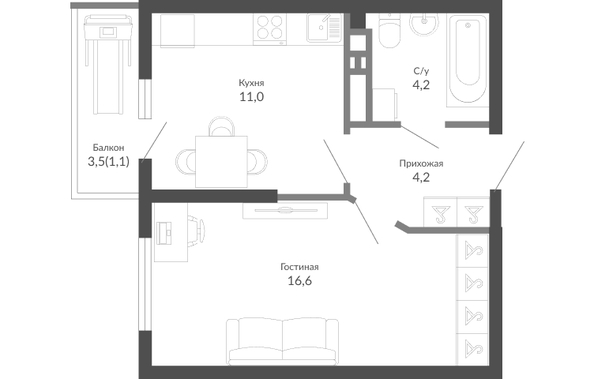 Планировка 1-комн 37,1 м²