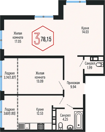 Планировка 3-комн 78,15 м²