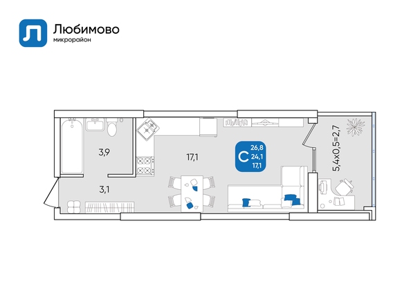 Планировка 1-комн 26,8 м²