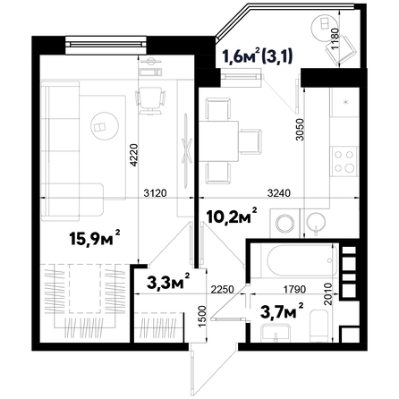 Планировка 1-комн 34,7 м²