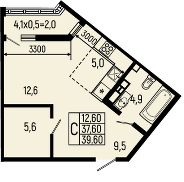 Планировка Студия 39,6 м²