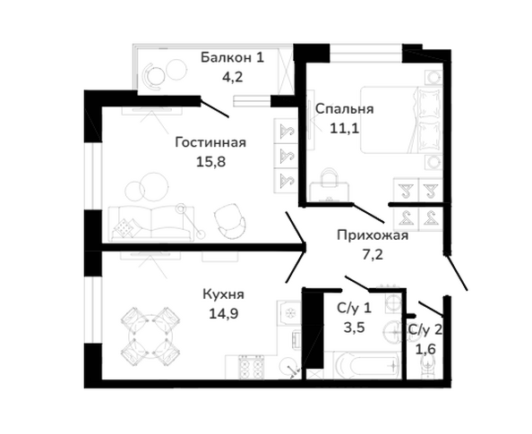 Планировка 2-комн 58,3 м²