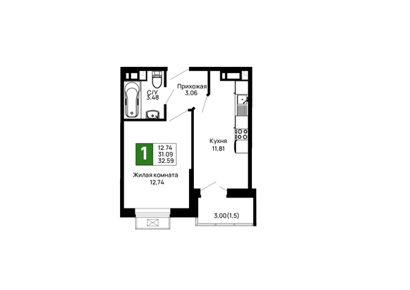 Планировка 1-комн 32,59 м²