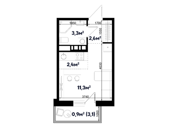 Планировка 1-комн 2,5 м²