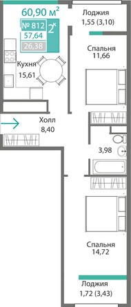 Планировка 2-комн 56,37 - 58,57 м²