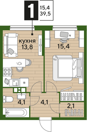 Планировка 1-комн 39,5 м²