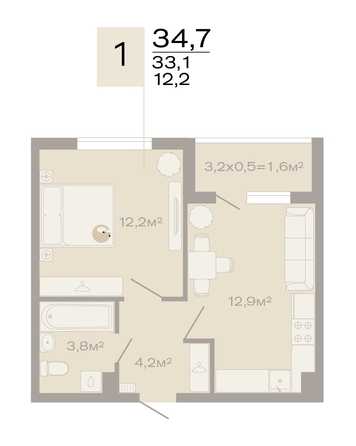 Планировка 1-комн 34,6 м²