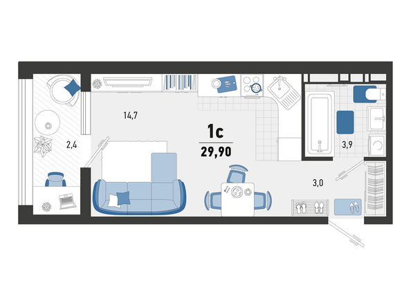 Планировка 1-комн 29,9 м²