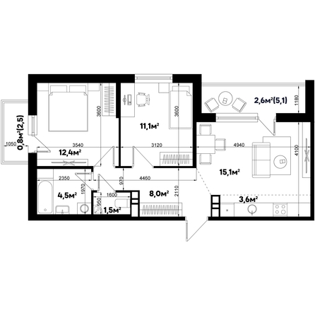 Планировка 3-комн 60 м²