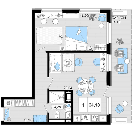 Планировка 1-комн 64,1 м²
