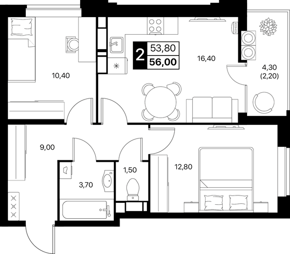Планировка 2-комн 56 - 56,5 м²