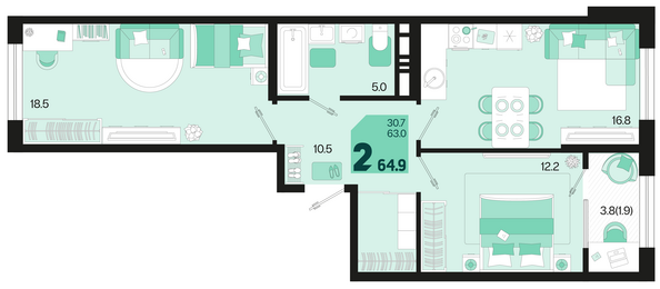 Планировка 2-комн 64,9 - 67,3 м²