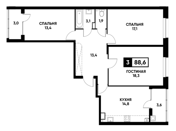 Планировка 3-комн 88,6 м²