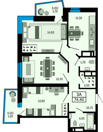 Планировка 3-комн 74,4 м²