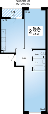 Планировка 2-комн 59,55 м²