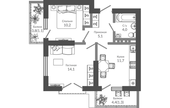 Планировка 2-комн 47,5 м²