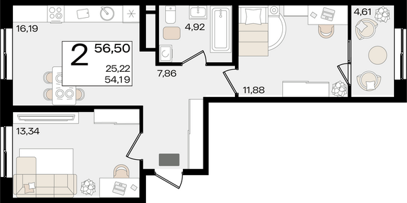 Планировка 2-комн 56,5 м²