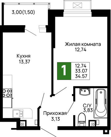 Планировка 1-комн 34,57 м²