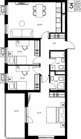 Планировка 3-комн 100,02 - 100,51 м²