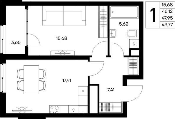 Планировка 1-комн 49,77 м²
