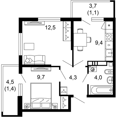 Планировка 2-комн 42,4 м²