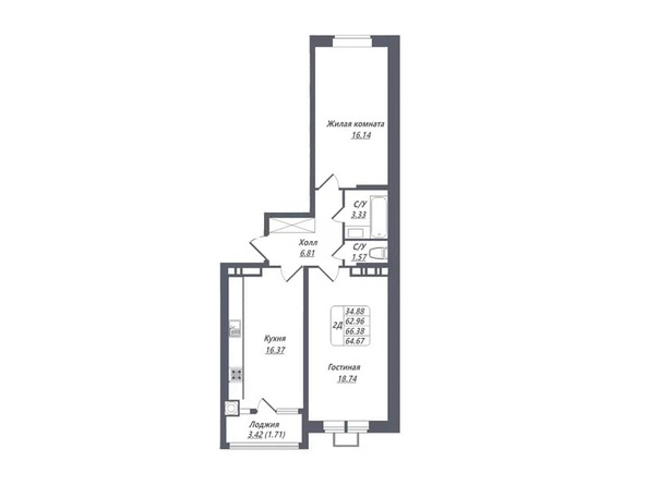 Планировка 2-комн 64,67 м²