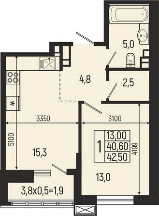 Планировка 1-комн 42,5, 43,1 м²