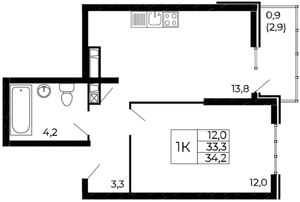 Планировка 1-комн 34,2 м²