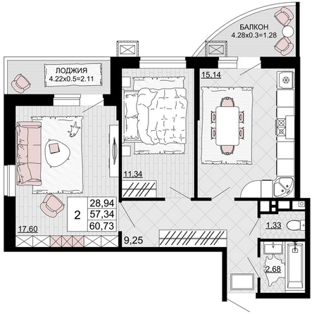 Планировка 2-комн 60,73 м²