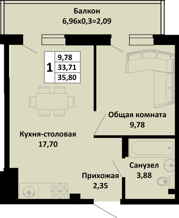 Планировка 1-комн 35,8 м²