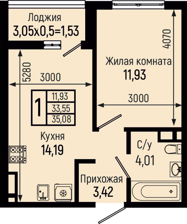 Планировка 1-комн 35,08 м²