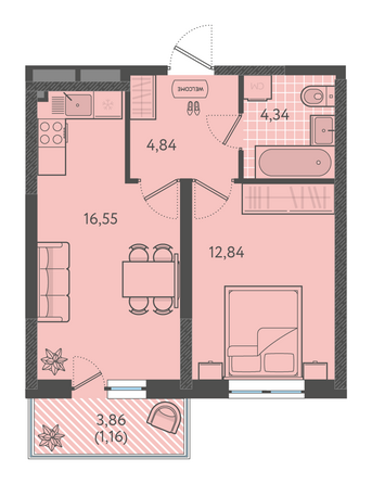Планировка 1-комн 39,05 м²