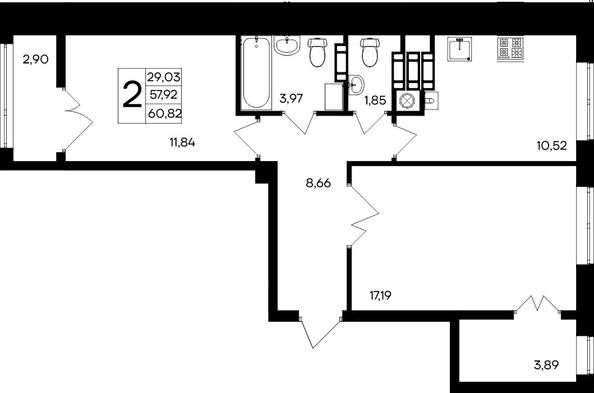 Планировка 2-комн 60,82 - 62 м²