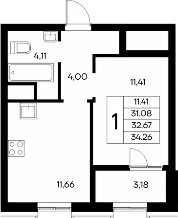 Планировка 1-комн 34,26 - 34,46 м²