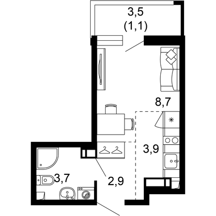 Планировка 1-комн 20,3 м²