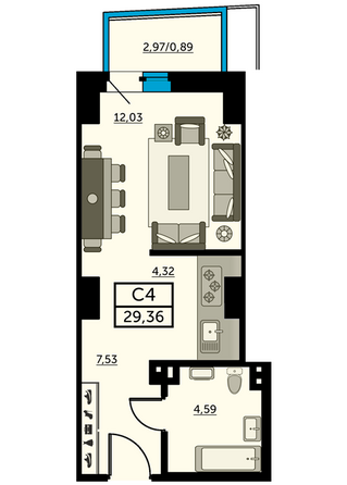 Планировка Студия 30, 30,1 м²