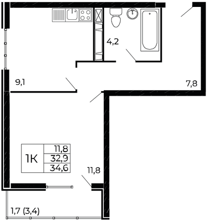 Планировка 1-комн 34,6 м²