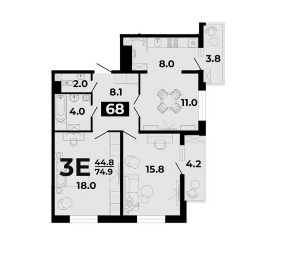 Планировка 3-комн 74,9 м²