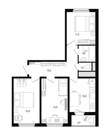 Планировка 3-комн 65,4 м²