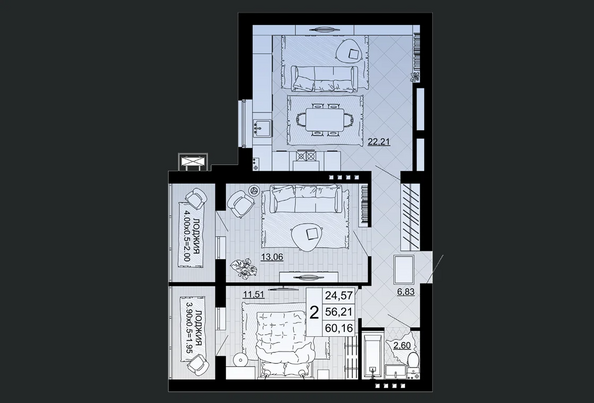 Планировка 2-комн 60,16 м²