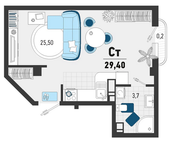 Планировка 1-комн 29,4 м²