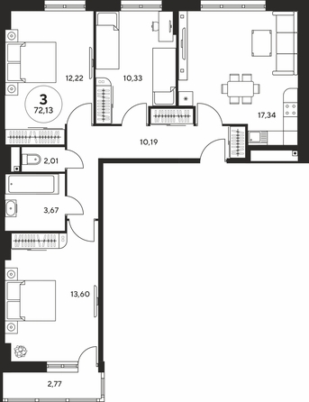 Планировка 3-комн 71,66, 72,13 м²