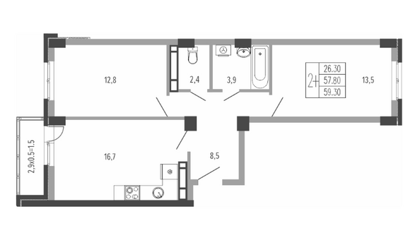 Планировка 2-комн 59,3 м²