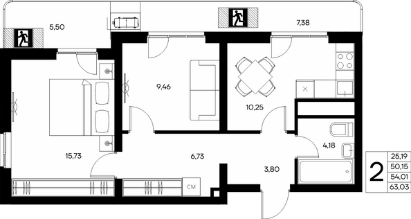 Планировка 2-комн 63,03 м²