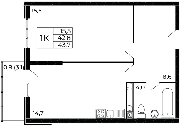 Планировка 1-комн 43,7 м²