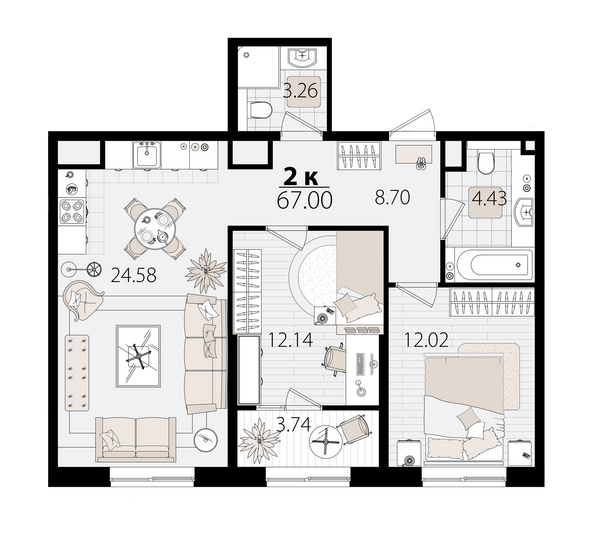 Планировка 2-комн 66,65 м²