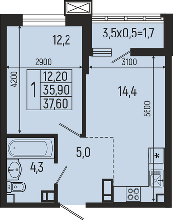 Планировка 1-комн 37,6 м²